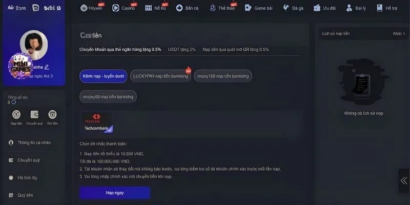 Nạp tiền AA88 qua chuyển khoản ngân hàng